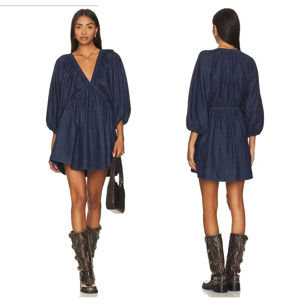 Free People Dark Indigo Portia Denim‎ Balloon Sleeve Mini Dress OB1740382 M